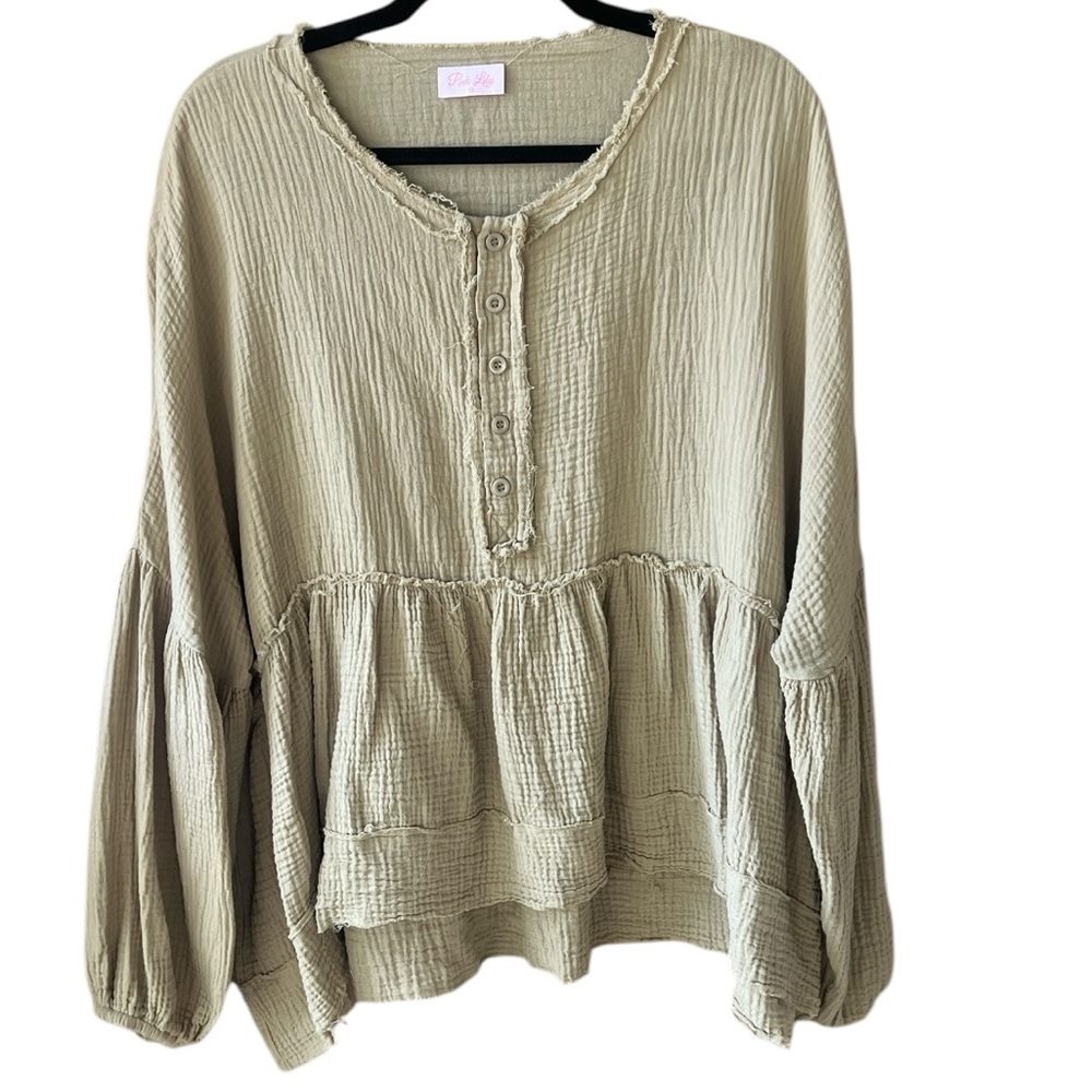 Pink Lily M Safe Green Gauze Cottpn Slouchy Oversized Boho Blouse Top